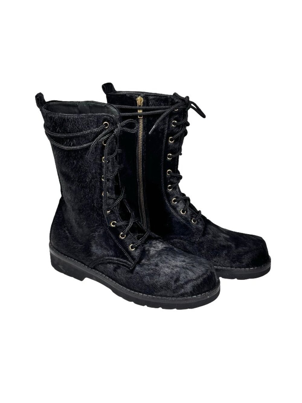 Black Calf Hair Leather Combat Boots Goodyear Lug Sole 41 US W 11 M 9.5 Unisex